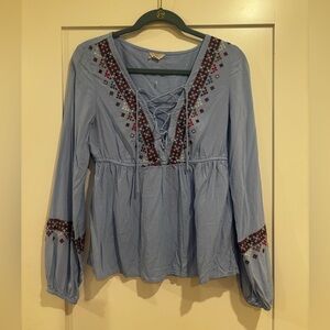 Aeropostale Light Blue Embroidered Lace-Up Peasant Top Size M